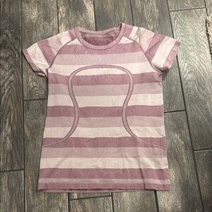Lululemon Athletica Pink and Cream Striped Crew Neck Top